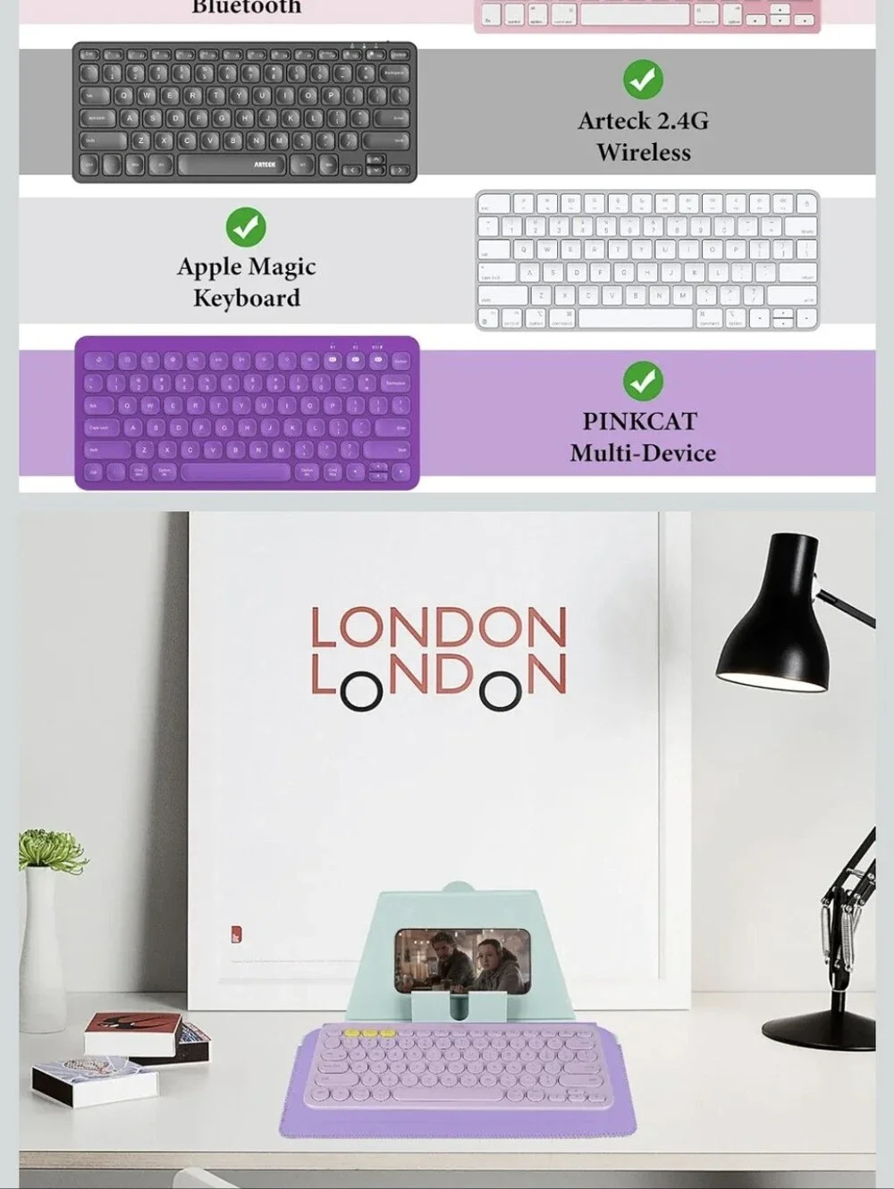 Compact Keyboard Case, Vegan Leather Travel Case with Phone and Tablet Holder,